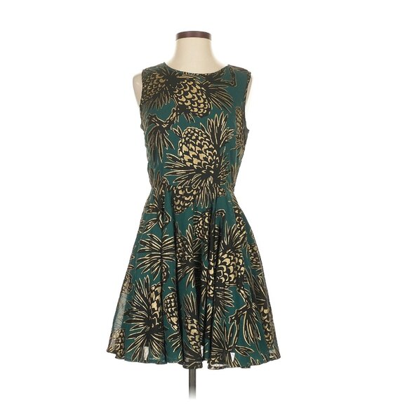 NWT Maison Jules Fit Flare S Dress Gold Pineapple Print Green Teal Retro Girly - Picture 1 of 10